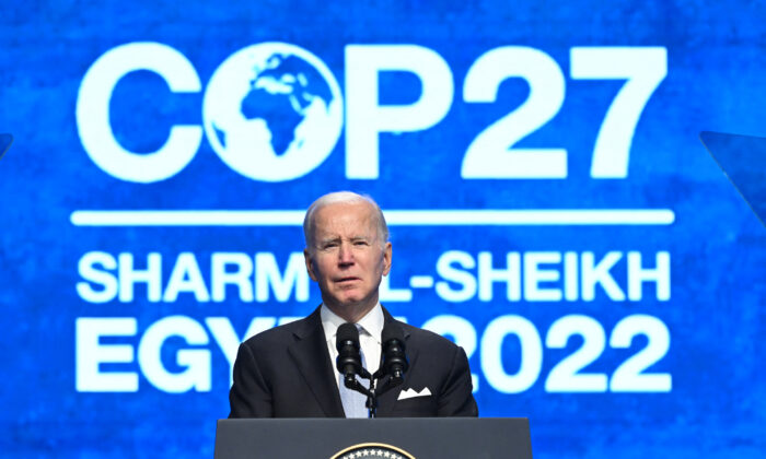 President Joe Biden delivers a speech during the COP27 summit in the Red Sea resort city of Sharm el-Sheikh, Egypt, on Nov. 11, 2022. (SAUL LOEB/AFP via Getty Images)