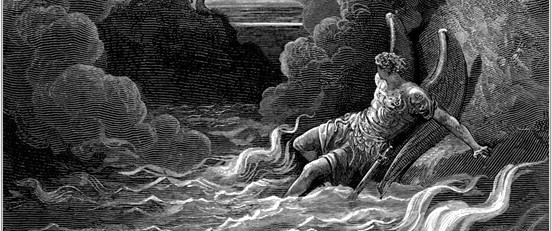 1866 年，古斯塔夫·多雷 (Gustav Doré) 为约翰·米尔顿 (John Milton) 的《失乐园》(Paradise Lost) 所作的“他立即直立，他从水池中升起/他的强大身形”中的一个细节，一个叛逆的天使从天堂投下后向后倾斜。 雕刻。  （公共区域）