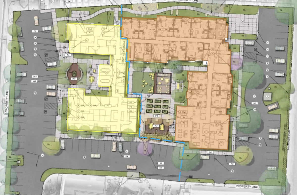 A site plan for the city of Capistrano's new city hall, with a new affordable housing complex next to it. (Screenshot via the City of San Juan Capistrano)