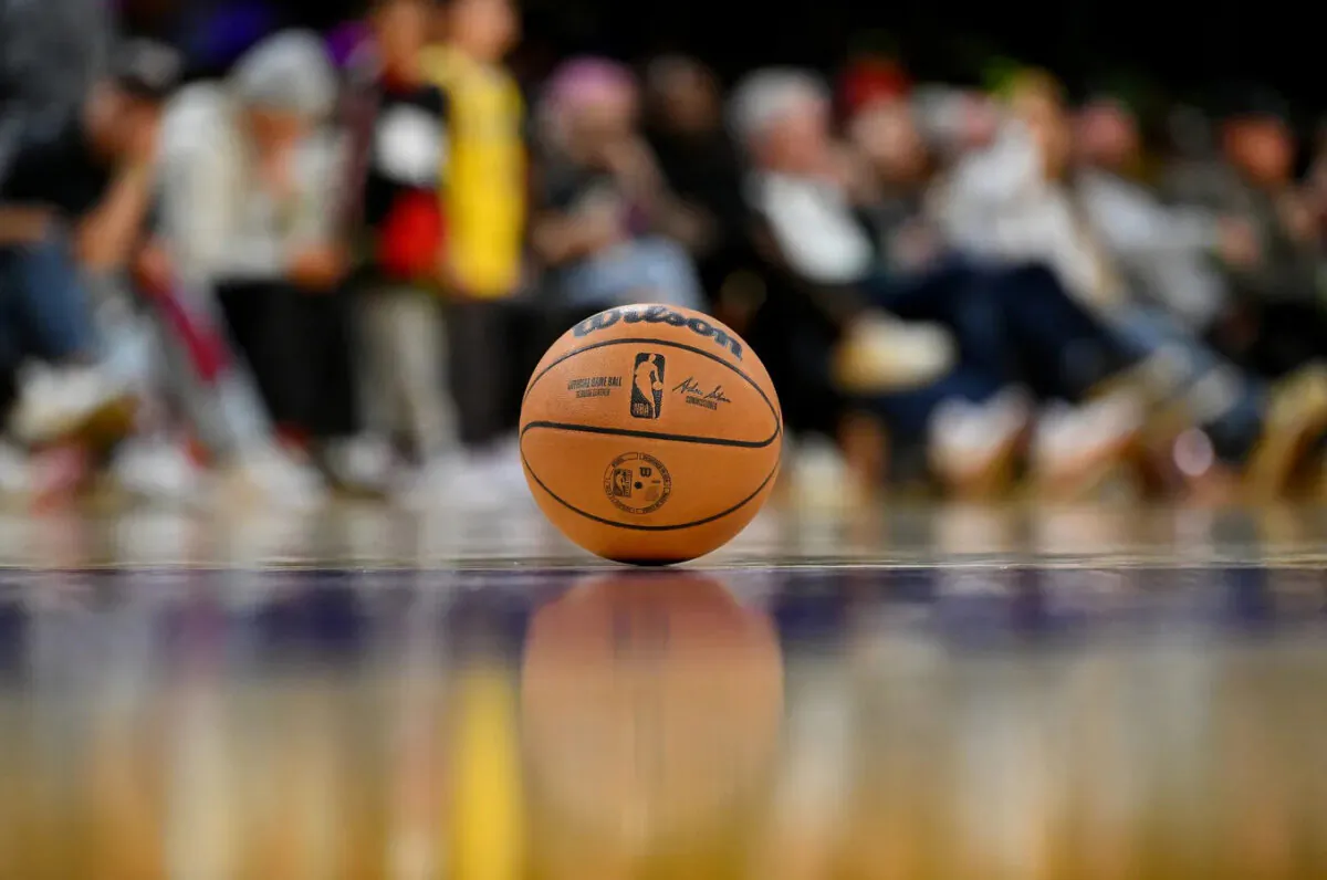 An NBA basketball on the court during the game between the Los Angeles Lakers and the Cleveland Cavaliers at Crypto.com Arena in Los Angeles on Nov. 6, 2022. (Jayne Kamin-Oncea/USA TODAY Sports via Field Level Media)