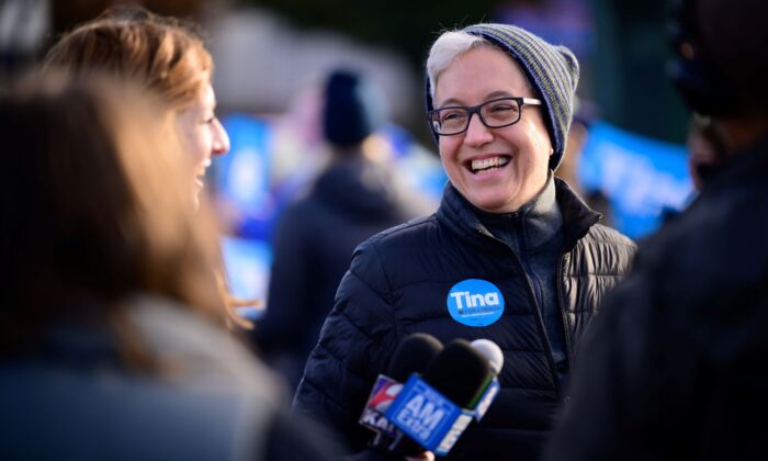 Oregon Democratic gubernatorial candidate Tina Kotek speaks with members of the media at a rally near the Broadway Bridge in Portland, Oreg., on Nov. 8, 2022. (Mathieu Lewis-Rolland/Getty Images)
