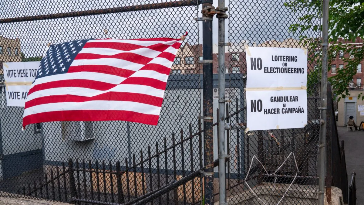The entrance to a polling station in Jersey City, N.J., on July 7, 2020. (David Dee Delgado/Getty Images)