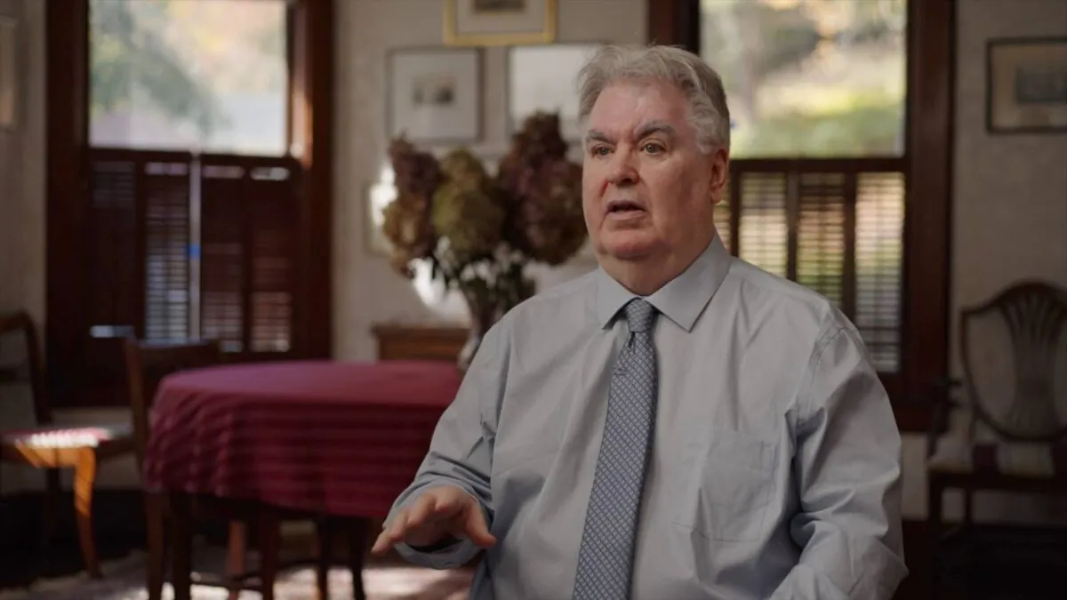 Michael Walsh, author, filmmaker, and editor of The-Pipeline.org, is interviewed on EpochTV’s “Crossroads” program, on Oct. 14, 2022. (Screenshot, Epoch TV)