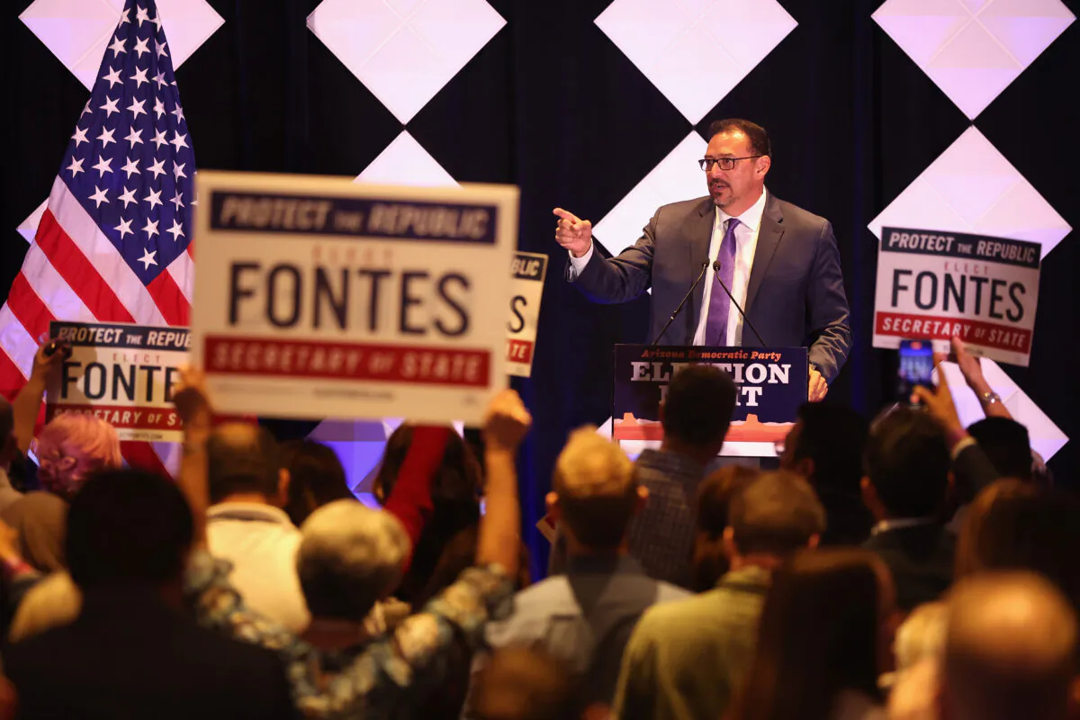 Adrian Fontes, Democratic candidate for Arizona Secretary of State speaks at an election night watch party at the Renaissance Phoenix Downtown Hotel  in Phoenix, Ariz., on Nov. 08, 2022. (Christian Petersen/Getty Images)