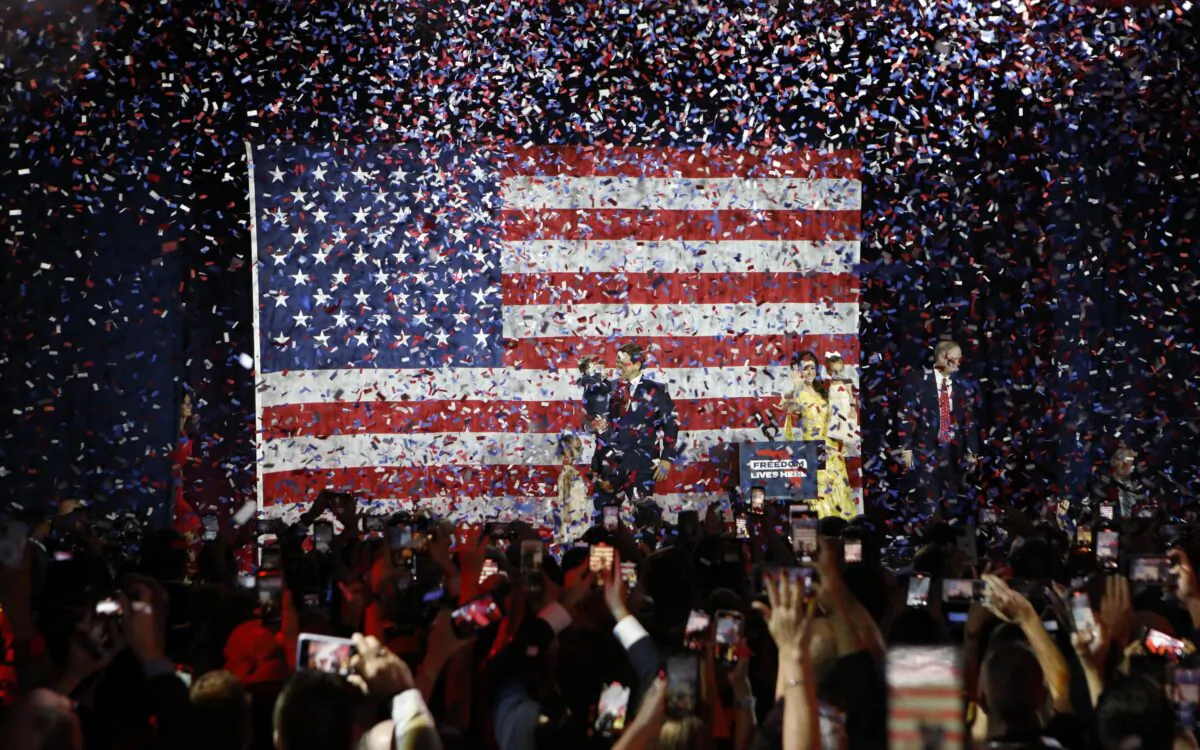 Florida Gov. Ron DeSantis celebrates his reelection with his wife, Casey, and their children at the Tampa Convention Center in Tampa, Fla., on Nov. 8, 2022. (Octavio Jones/Getty Images)
