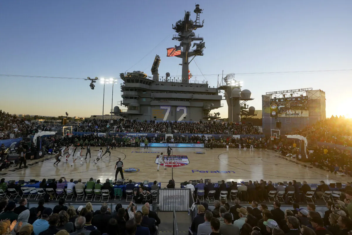 Gonzaga plays Michigan State during the first half of the Carrier Classic NCAA college basketball game aboard the USS Abraham Lincoln, in Coronado, San Diego, Calif., on Nov. 11, 2022. (Gregory Bull/AP Photo)