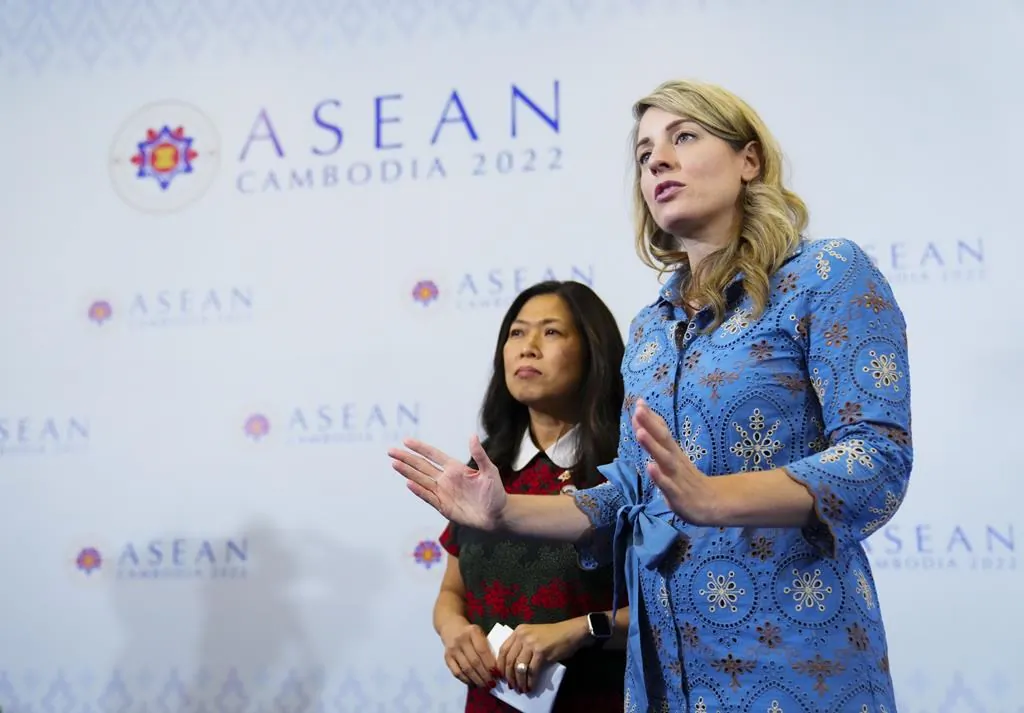 Minister of Foreign Affairs Melanie Joly and Minister of International Trade, Export Promotion, Small Business and Economic Development Mary Ng speak to reporters during the ASEAN Summit in Phnom Penh, Cambodia, on Nov. 12, 2022. (The Canadian Press/Sean Kilpatrick)