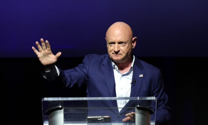 U.S. Sen. Mark Kelly (D-Ariz.) delivers remarks to supporters at his election night rally at the Rialto Theatre in Tucson, Ariz., on Nov. 8, 2022 (Kevin Dietsch/Getty Images)
