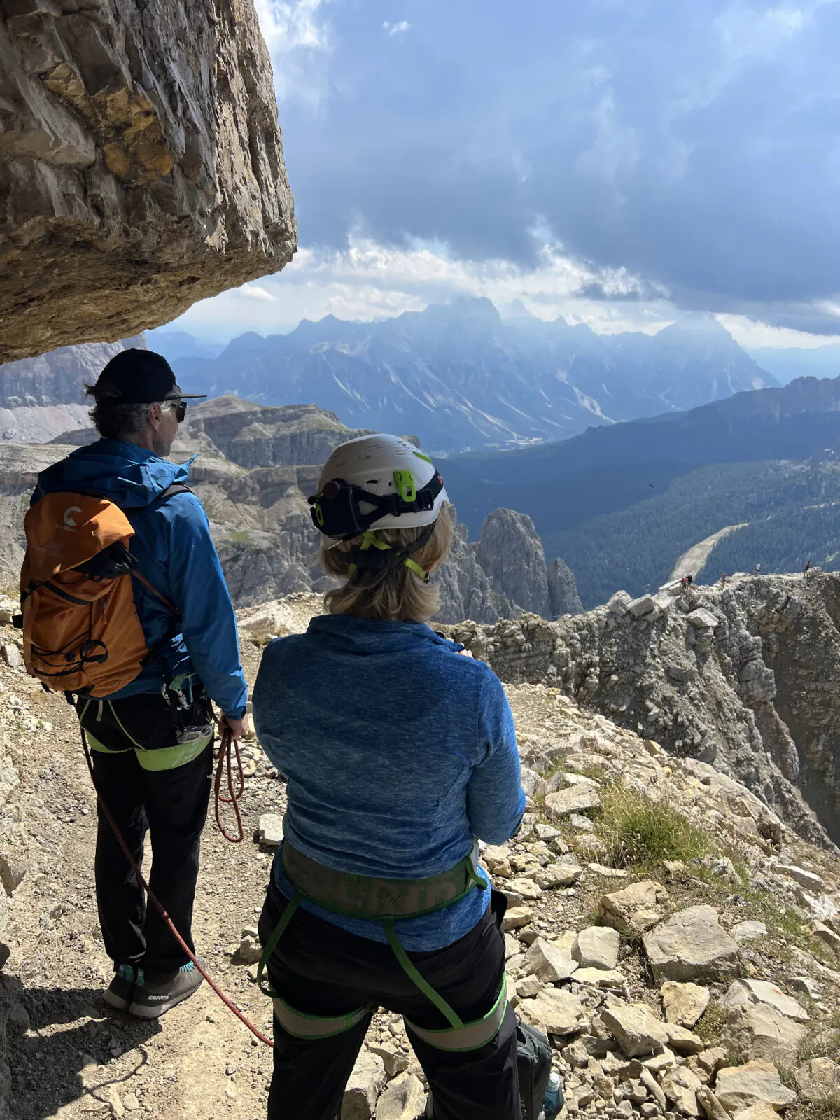 Climbers in Italy’s Dolomite Mountains survey the progress they have made. (Courtesy of Margot Black) 
