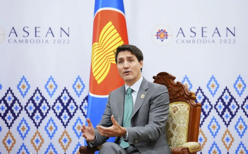 Prime Minister Justin Trudeau takes part in a bilateral meeting with Secretary General of the Association of Southeast Asian Nations Lim Jock Hoi during the ASEAN Summit in Phnom Penh, Cambodia, on Nov. 13, 2022. (The Canadian Press/Sean Kilpatrick)