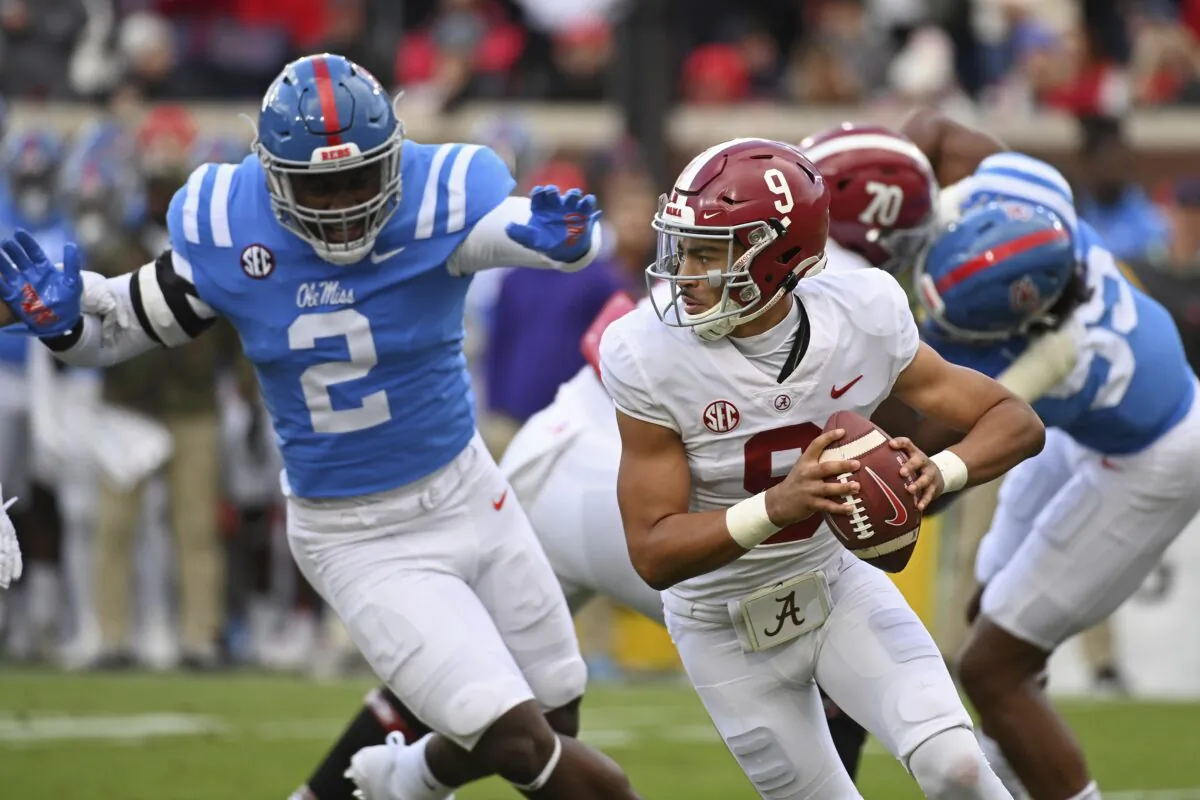 Alabama quarterback Bryce Young looks to pass during the first half of an NCAA college football game against Mississippi in Oxford, Miss., on Nov. 12, 2022. (Thomas Graning/AP Photo)