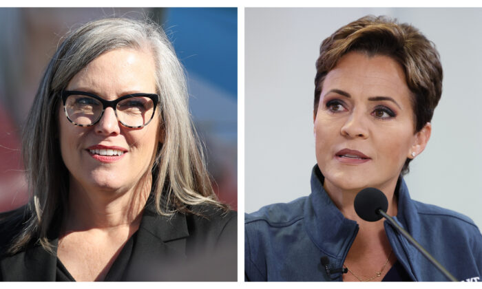（左）2022 年 11 月 4 日在凤凰城的亚利桑那州民主党州长候选人凯蒂·霍布斯。（贾斯汀·沙利文/盖蒂图片社）；  （右）2022 年 11 月 4 日在亚利桑那州塞拉维斯塔的亚利桑那州共和党州长候选人 Kari Lake。（Kevin Dietsch/Getty Images）