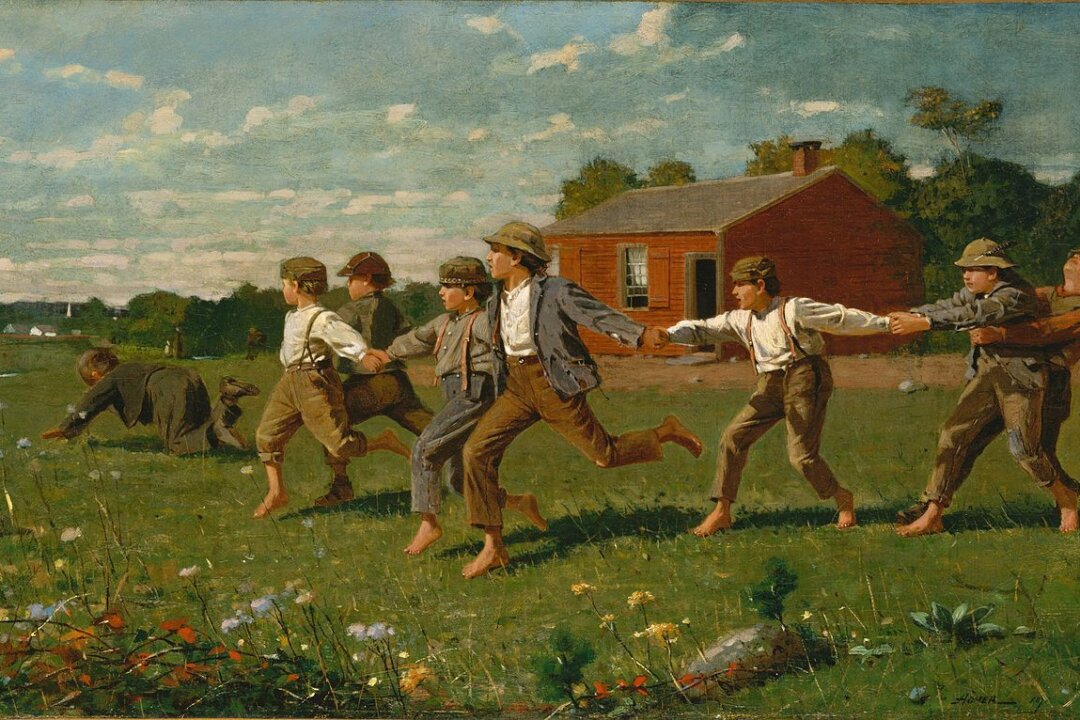 Trouble comes calling when two boys throw caution to the wind, in Louisa May Alcott's story, "How They Ran Away." "Snap the Whip," 1872, by Winslow Homer. Metropolitan Museum of Art. (Public Domain)