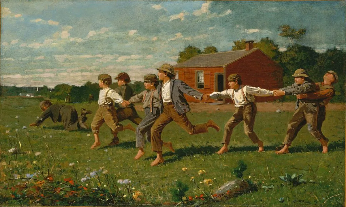 Trouble comes calling when two boys throw caution to the wind, in Louisa May Alcott's story, "How They Ran Away." "Snap the Whip," 1872, by Winslow Homer. Metropolitan Museum of Art. (Public Domain)
