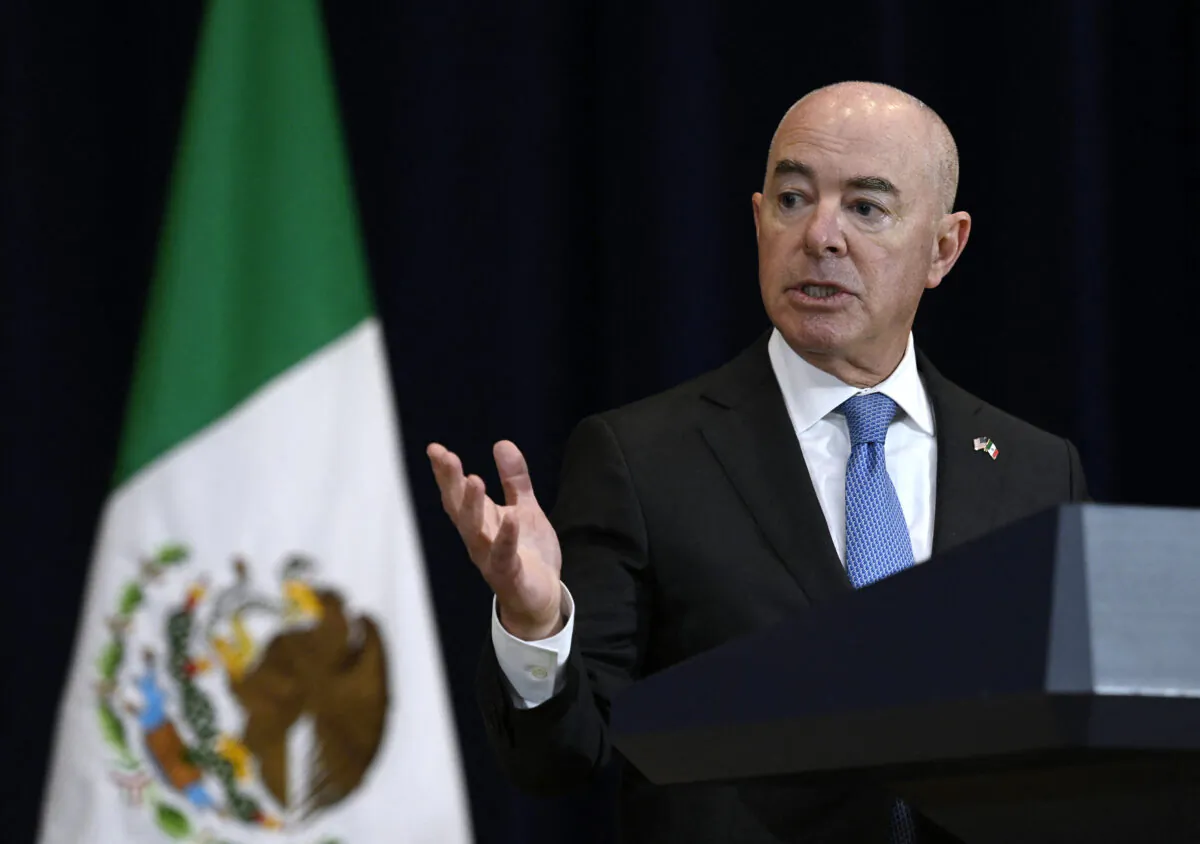 U.S. Homeland Security Secretary Alejandro Mayorkas speaks during a joint news conference with Mexican Foreign Secretary Marcelo Ebrard and Mexican Security Secretary Rosa Icela Rodriguez at the State Department in Washington on Oct. 13, 2022. (Olivier Douliery/AFP via Getty Images)