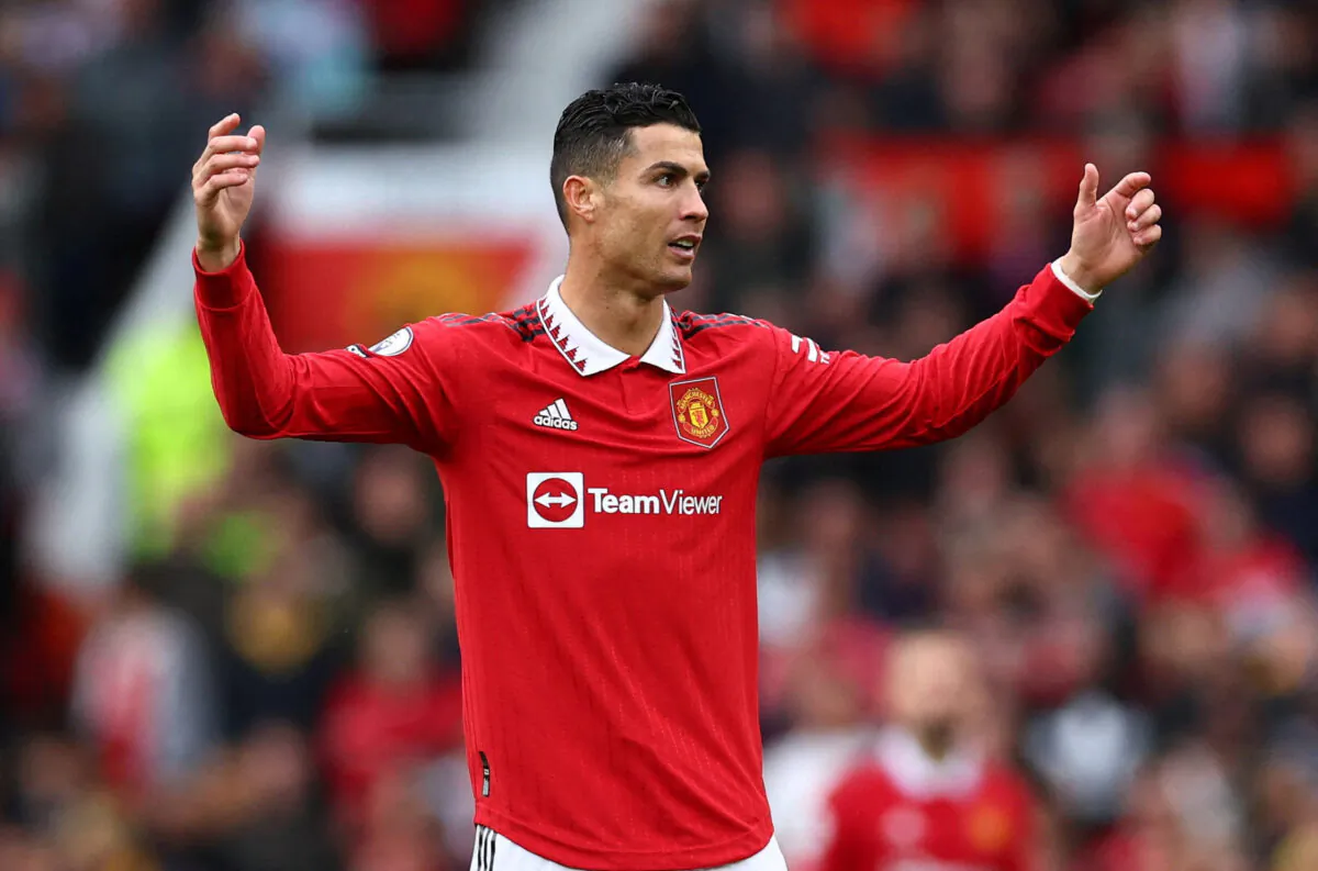 Manchester United's Cristiano Ronaldo reacts after a goal he scored is disallowed during the Premier League match between Manchester United and West Ham United at Old Trafford in Manchester, UK, on Oct. 16, 2022. (David Klein/Reuters)