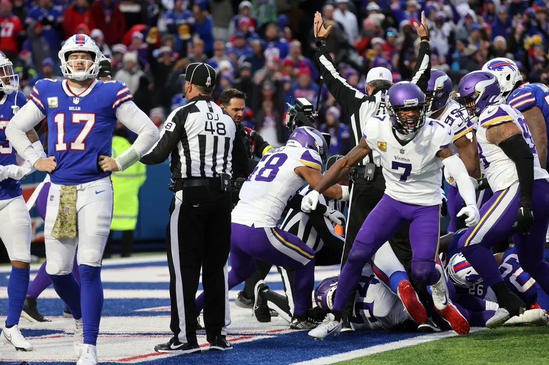 Vikings Patrick Peterson celebrates as Bills quarterback Josh Allen walks off the field in Rochester New York on Nov. 13, 2022. (Jamie Germano/USA TODAY NETWORK via Field Level Media)