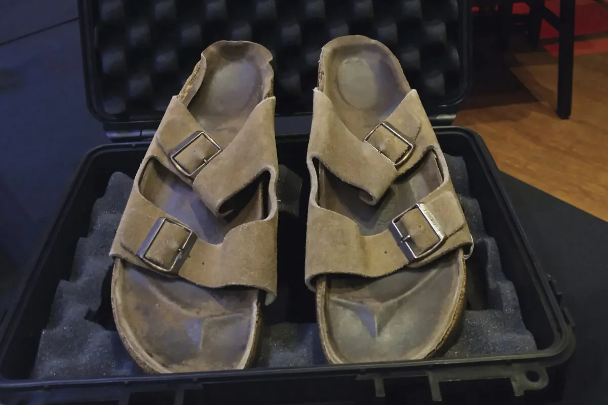 Steve Jobs's Birkenstock sandals sold at an auction at the Hard Rock Cafe in New York, Nov. 13, 2022. (Julien's Auctions via AP)