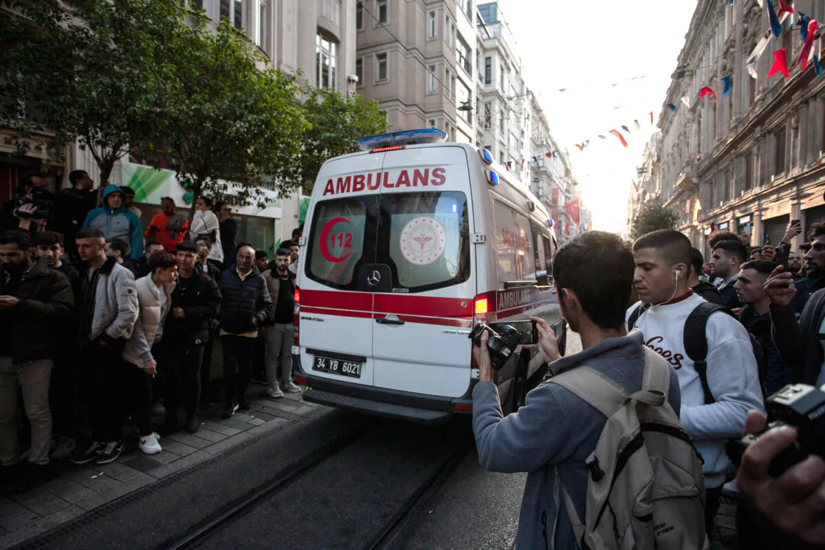 An ambulance leaves the blast site after an explosion on busy pedestrian Istiklal street in Istanbul, Turkey, on Nov. 13, 2022. (Burak Kara/Getty Images)