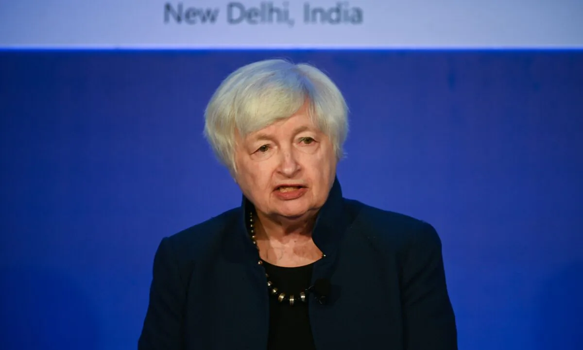 U.S. Treasury Secretary Janet Yellen speaks during her visit at the Microsoft India Development Center in Noida, India, on Nov. 11, 2022. (Money Sharma /AFP via Getty Images)