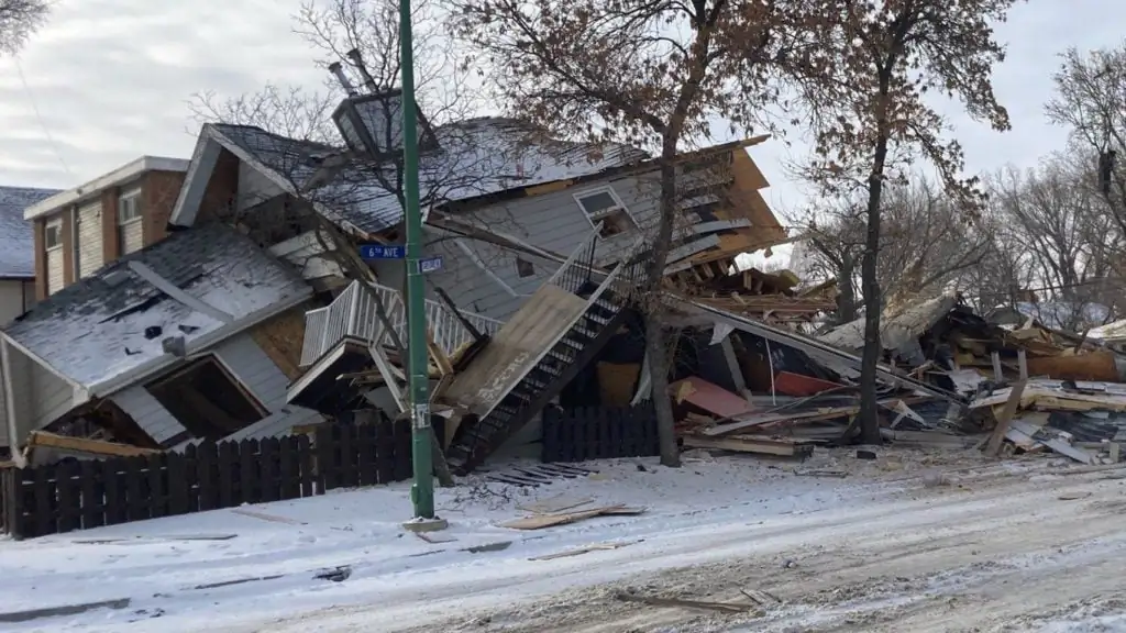 The remains of a home which was destroyed in an explosion is seen in Regina in a Nov. 13, 2022, handout photo which was published to social media. (The Canadian Press/HO-Twitter, @Regina_Fire)
