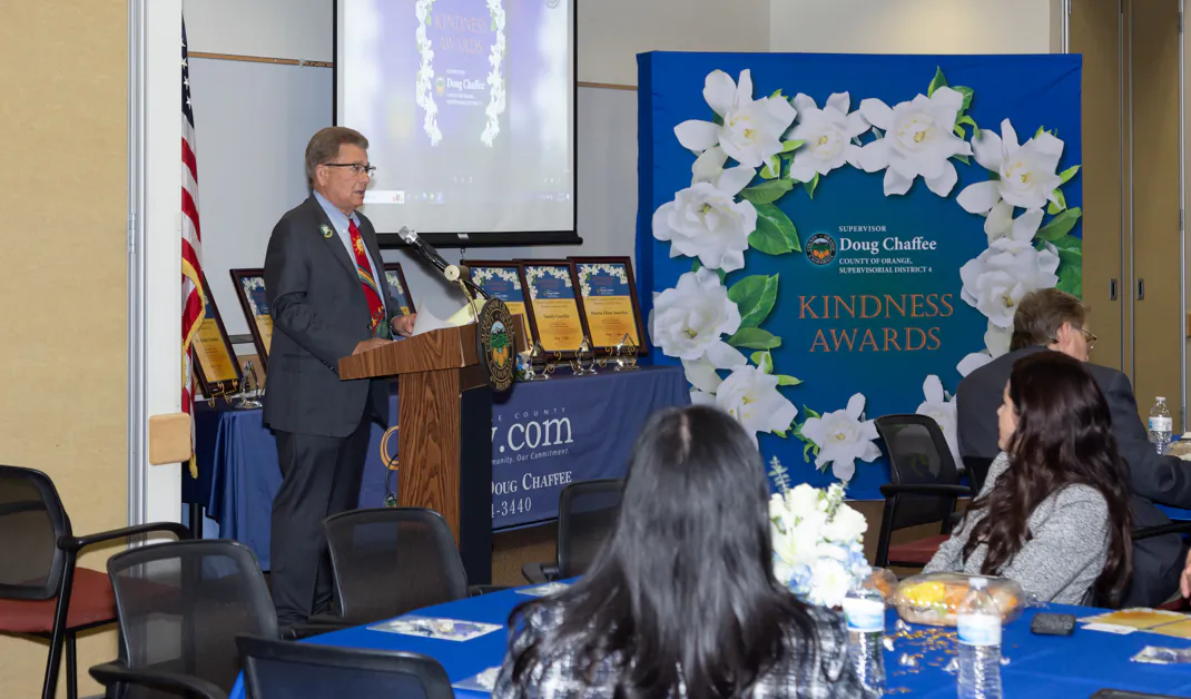 Orange County Board of Supervisors Chairman Doug Chaffee speaks at the fourth Annual Fourth District Kindness Awards ceremony in Fullerton, Calif., on Nov. 13, 2022. (Courtesy of the Office of Chairman Doug Chaffee)