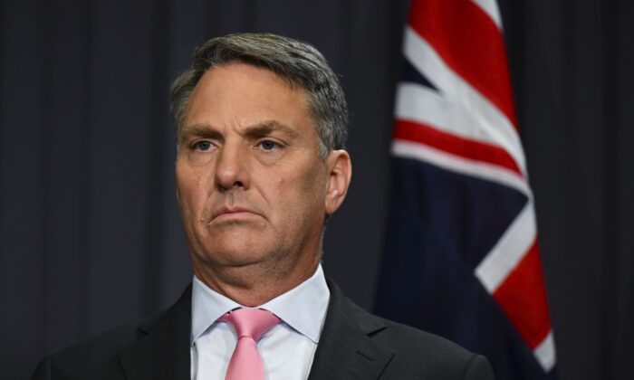 Australian Deputy Prime Minister Richard Marles speaks to the media during a press conference at Parliament House in Canberra, Australia, on Oct. 10, 2022. (AAP Image/Lukas Coch)