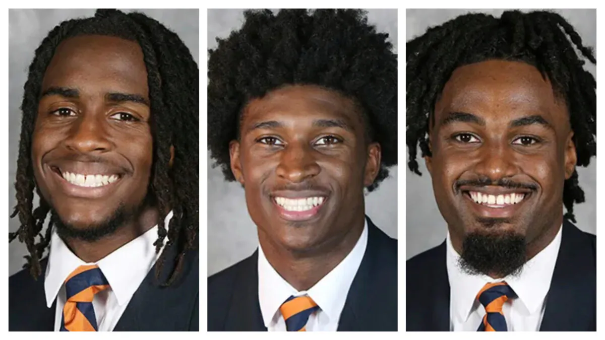 (L–R) This combo of undated images shows NCAA college football players Devin Chandler, Lavel Davis Jr., and D'Sean Perry. (University of Virginia Athletics via AP)