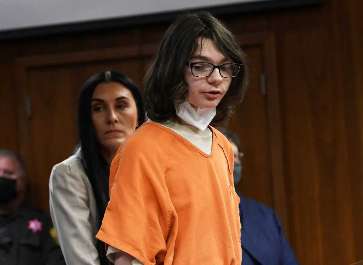 Ethan Crumbley answers yes to charges against him from assistant prosecutor during his pre-trial hearing at Oakland County Courthouse, on  Oct. 24, 2022. (Clarence Tabb Jr./Detroit News via AP)