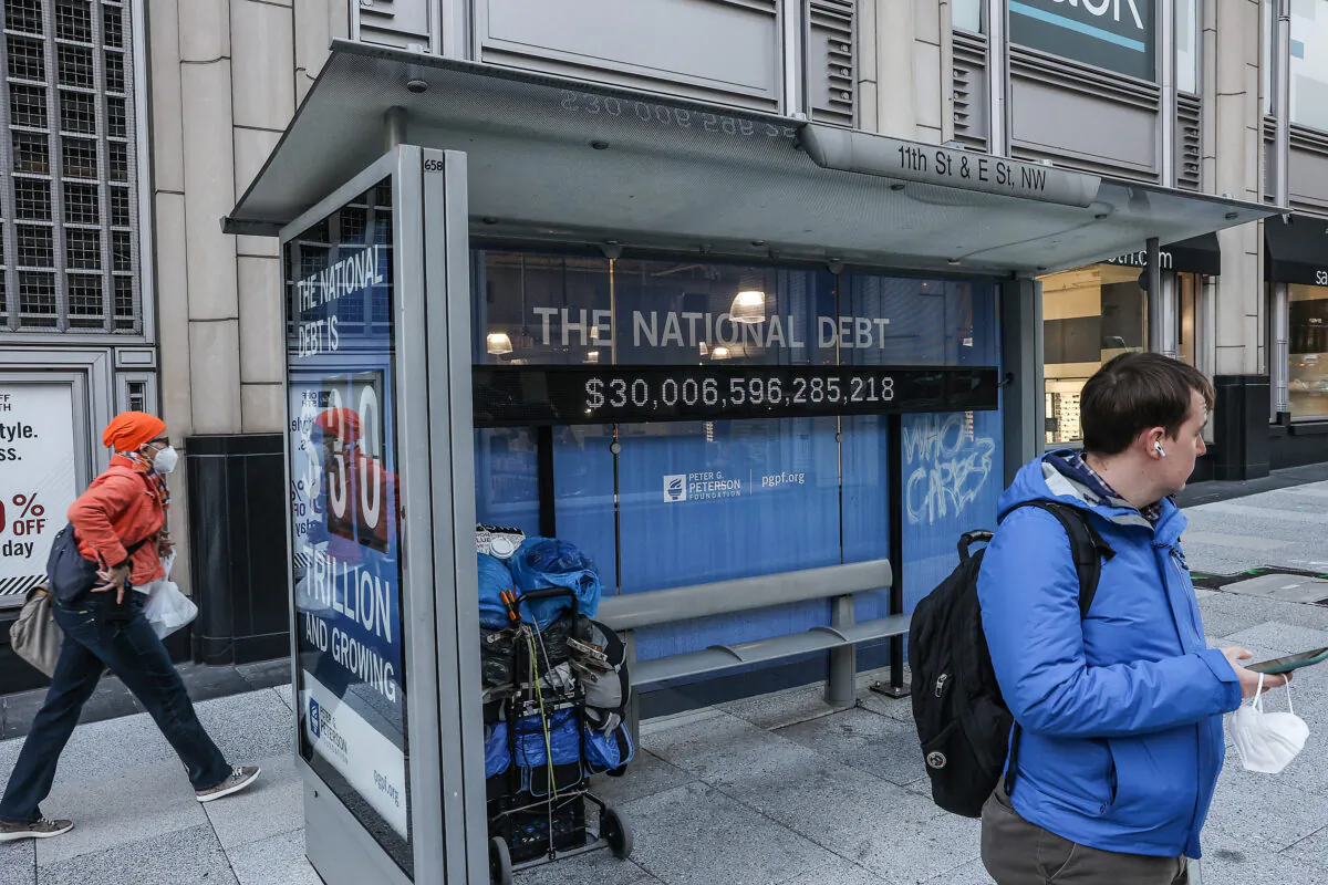 A Peterson Foundation billboard displaying the national debt is pictured on 11th Street in Washington on Feb. 8, 2022. (Jemal Countess/Getty Images for Peter G. Peterson Foundation)