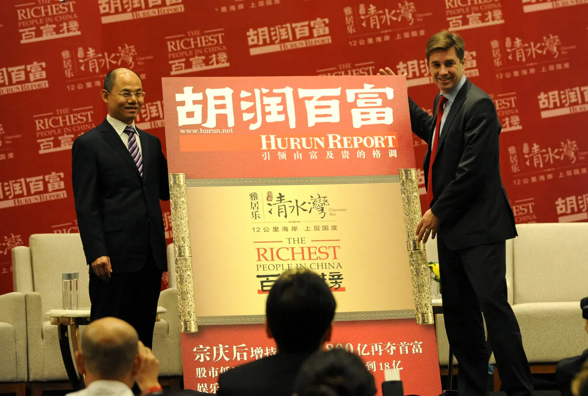 Rupert Hoogewerf (R), best known as Hurun, announces this year's "Rich List" in Beijing, on Oct. 19, 2012. (Wang Zhao/AFP via Getty Images)