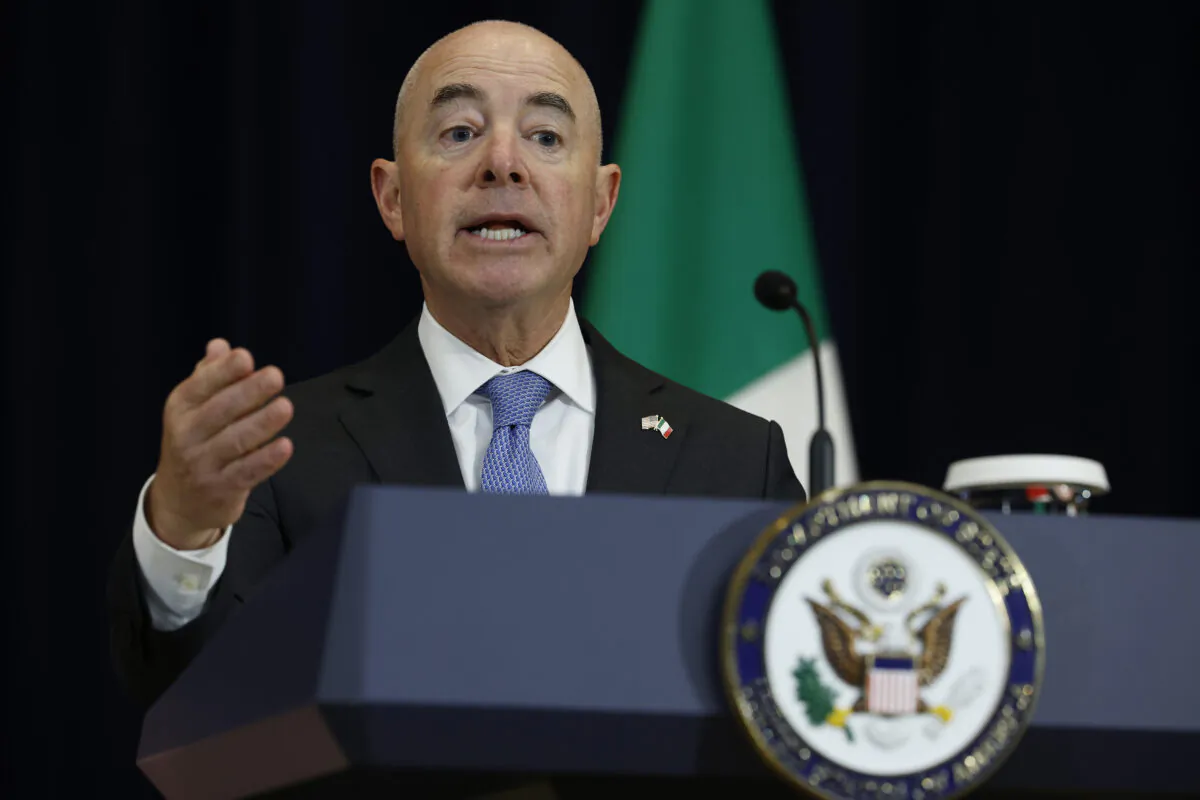 U.S. Homeland Security Secretary Alejandro Mayorkas answers a reporter's question during a news conference with Mexican counterparts at the State Department in Washington on Oct. 13, 2022. (Chip Somodevilla/Getty Images)