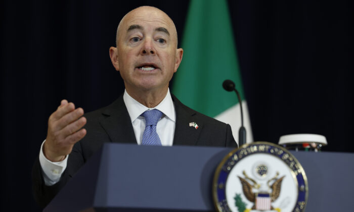 U.S. Homeland Security Secretary Alejandro Mayorkas answers a reporter's question during a news conference with Mexican counterparts at the State Department in Washington on Oct. 13, 2022. (Chip Somodevilla/Getty Images)