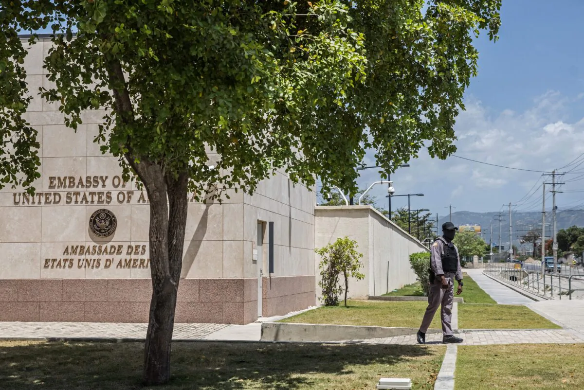 Security at the U.S. embassy in the Tabarre neighborhood of Port-au-Prince, Haiti, on July 11, 2021. (Valerie Baeriswyl/AFP via Getty Images)