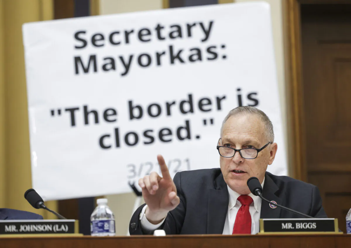 U.S. Rep. Andy Biggs (R-Ariz.) questions Homeland Security Secretary Alejandro Mayorkas as he testifies before the House Judicary Committee at the Rayburn House Office Building in Washington, D.C., on April 28, 2022. (Kevin Dietsch/Getty Images)