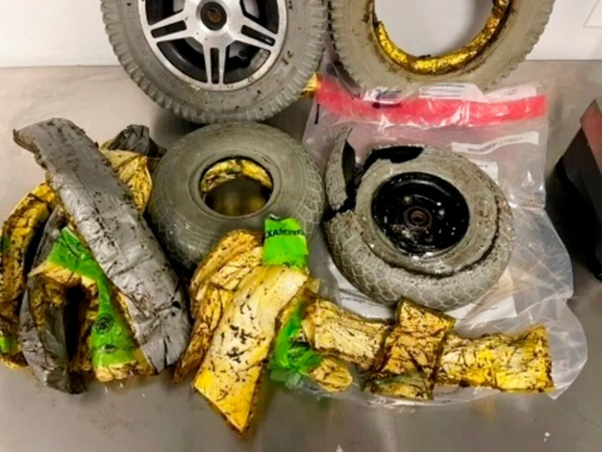 Cocaine was seized by customs officers from a traveler who was smuggling the drugs in the wheels of her wheelchair at New York's Kennedy International Airport on Nov. 10, 2022. (U. S. Customs and Border Protection via AP)