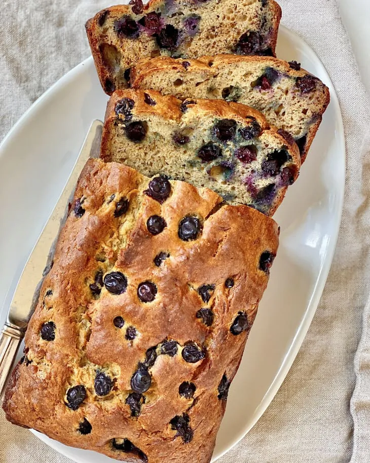 This blueberry-studded banana bread is tender, moist, and uncomplicated to bake. (Kelli Foster/TNS)