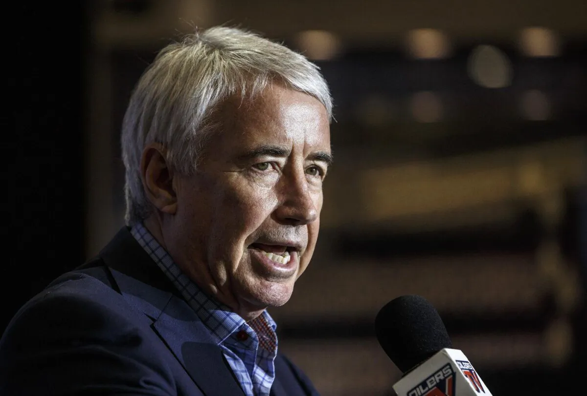 CEO and Vice-Chair, Oilers Entertainment Group, Bob Nicholson makes an announcement in Edmonton, Alta., on Jan. 23, 2019. (The Canadian Press/Jason Franson)
