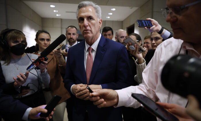 House Minority Leader Kevin McCarthy (R-Calif.) talks to reporters before the House Republican caucus leadership elections, in Washington on Nov. 15, 2022. (Chip Somodevilla/Getty Images)