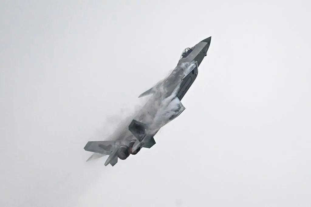 A Chinese J-20 stealth fighter of the People's Liberation Army (PLA) performs at the Airshow China 2022 in Zhuhai, in southern China's Guangdong Province, on Nov. 8, 2022. (CNS/AFP via Getty Images)