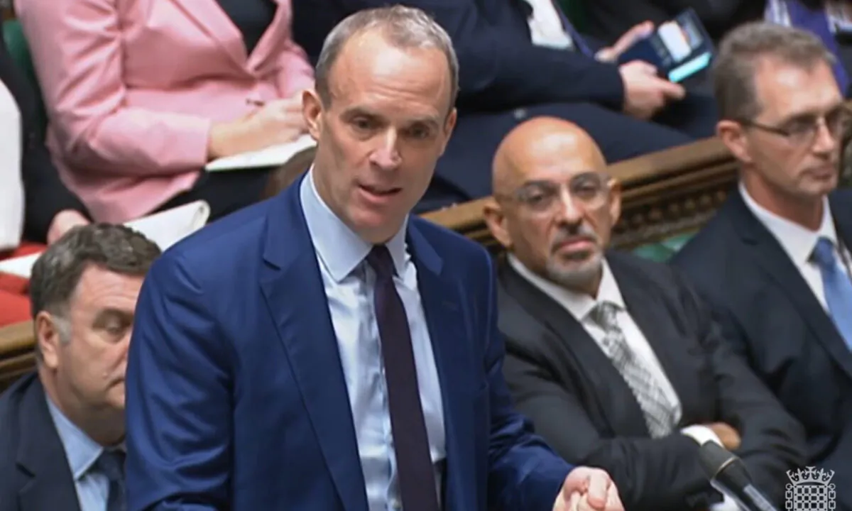 Deputy Prime Minister Dominic Raab speaks during Prime Minister's Questions in the House of Commons, London, on Nov. 16, 2022. (Screenshot/House of Commons via PA)