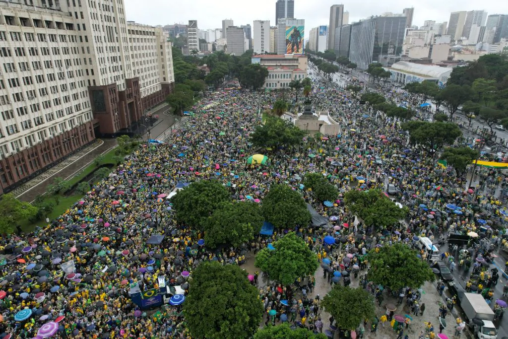 Aerial view of supporters of Jair Bolsonaro during a demostration in support of President of Brazil Bolsonaro and against election results in front of the Eastern Military Command building in Rio de Janeiro, Brazil, on Nov. 2, 2022. (Wagner Meier/Getty Images)