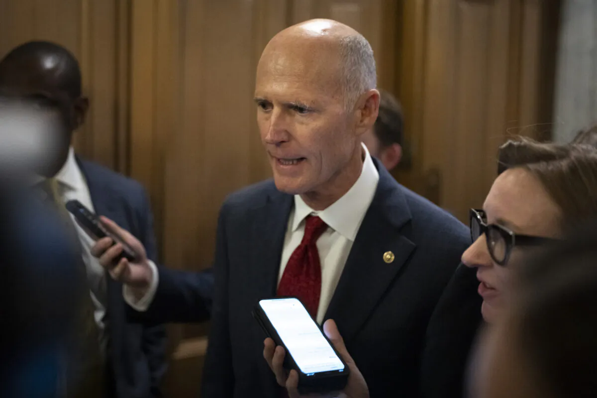 Sen. Rick Scott (R-Fla.) talks to reporters after meeting with Senate Republicans at the U.S. Capitol in Washington on Nov. 15, 2022. (Drew Angerer/Getty Images)