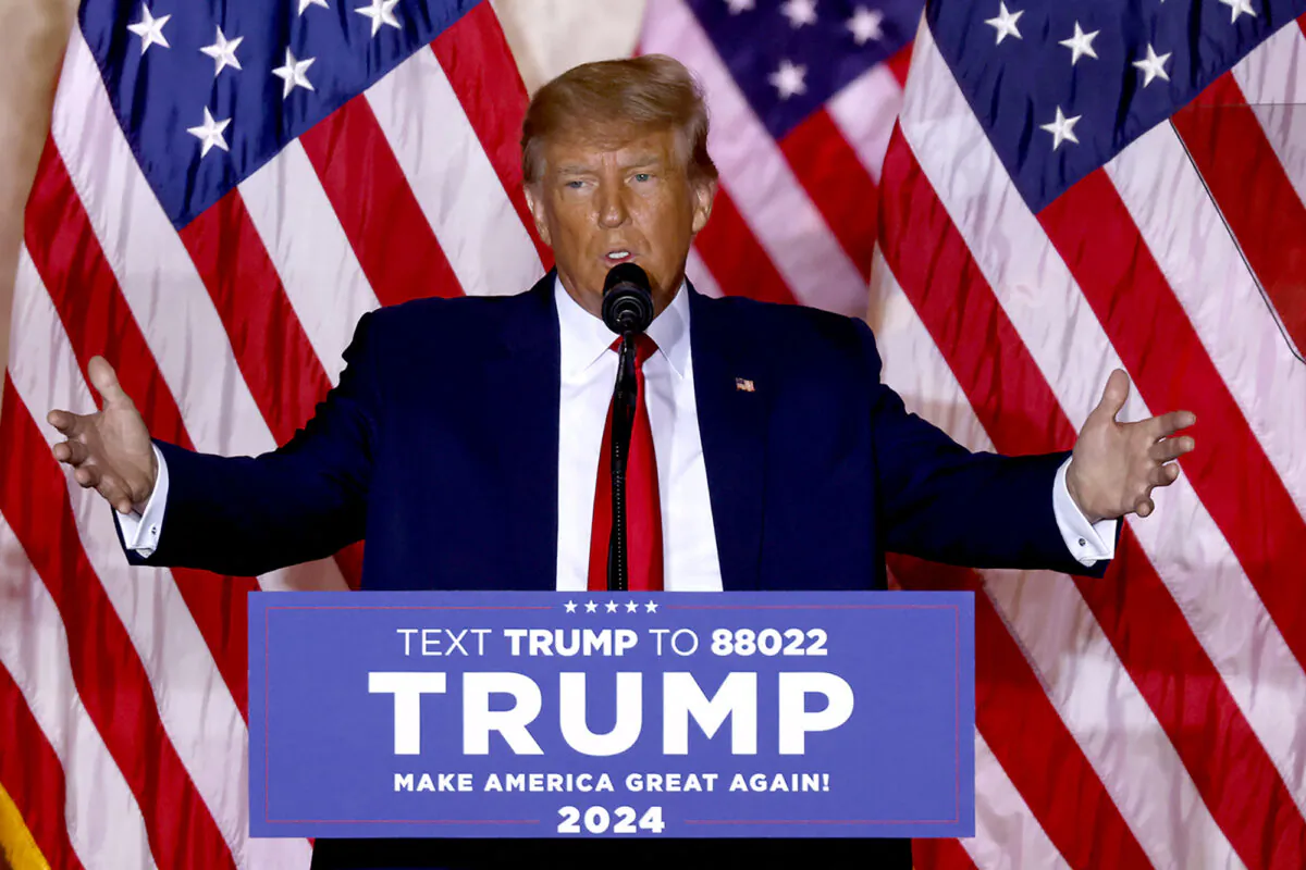 Former President Donald Trump announces he is running for president in 2024 during a speech at his Mar-a-Lago estate in Palm Beach, Fla., on Nov. 15, 2022. (Alon Skuy/AFP via Getty Images)