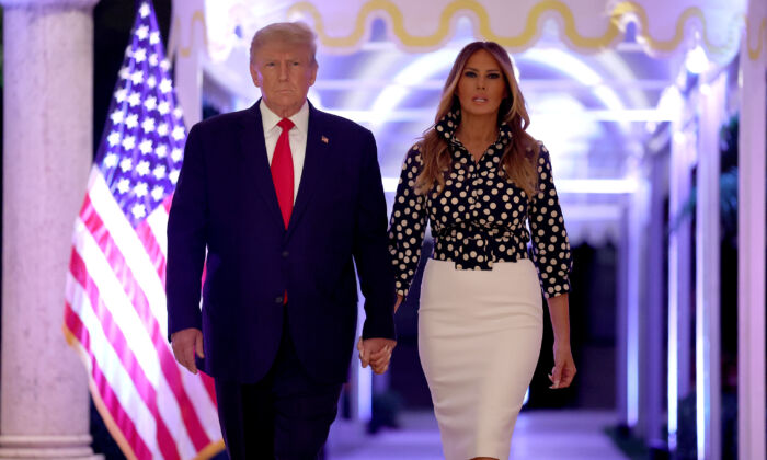 Former U.S. President Donald Trump and former first lady Melania Trump arrive for an event at his Mar-a-Lago home in Palm Beach, Florida, on Nov. 15, 2022. (Joe Raedle/Getty Images)
