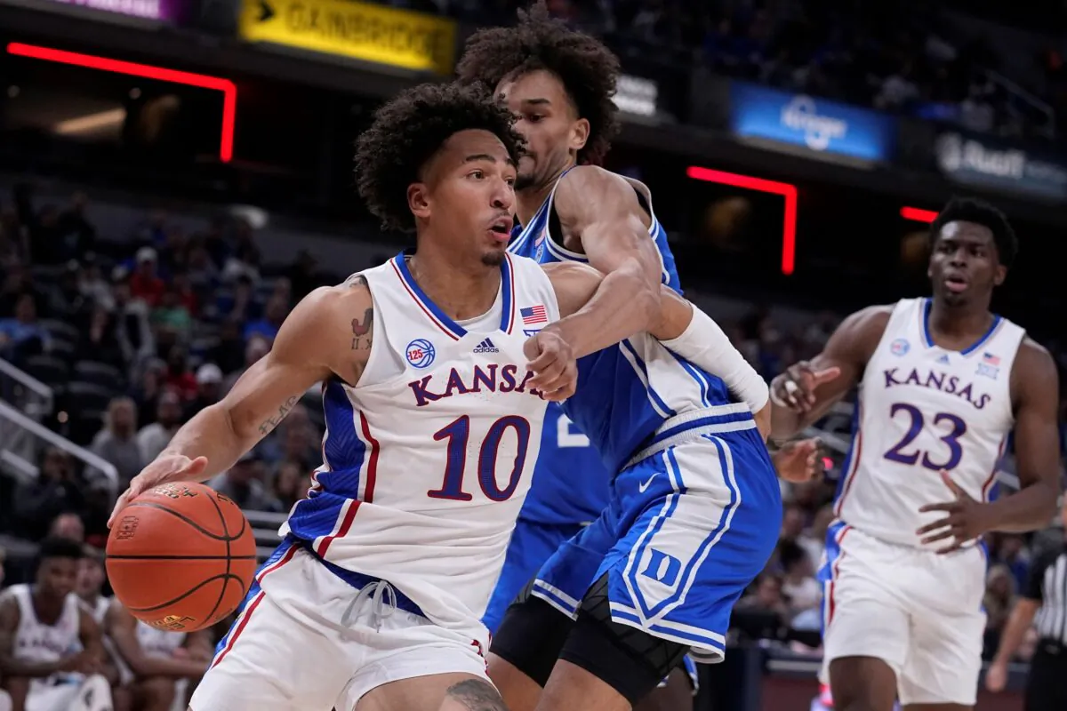 Kansas forward Jalen Wilson (10) drives around Duke guard Tyrese Proctor (C), during the second half of an NCAA college basketball game in Indianapolis on Nov. 15, 2022. (Darron Cummings/AP Photo)