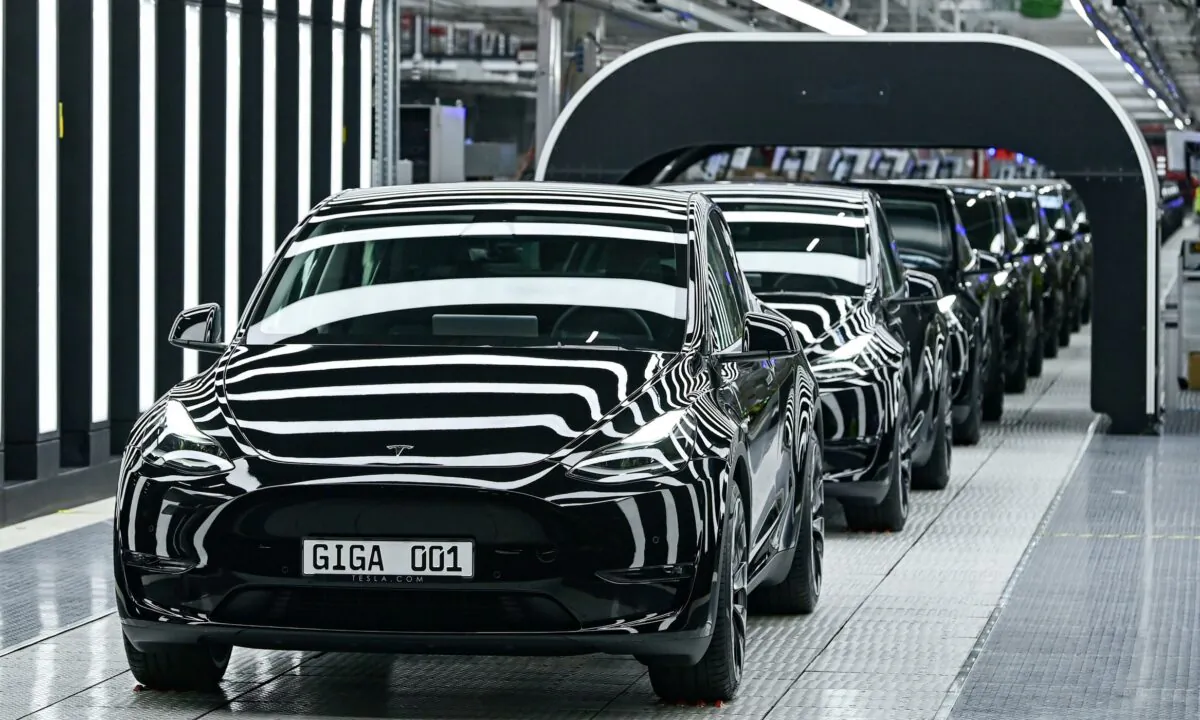 Model Y cars during the opening ceremony of the new Tesla Gigafactory for electric cars in Gruenheide, Germany, on March 22, 2022. (Patrick Pleul/Pool via Reuters)