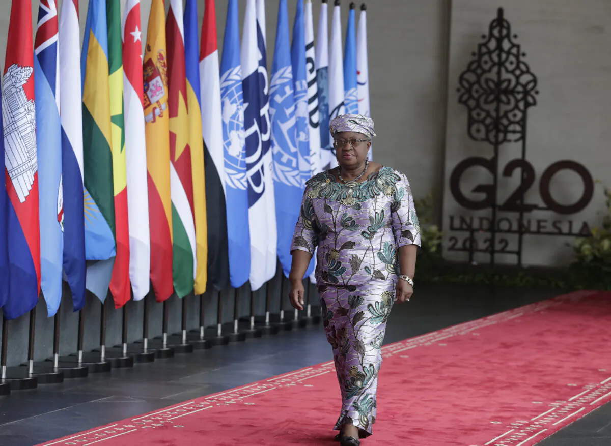 Director-General of the World Trade Organisation (WTO) Ngozi Okonjo-Iweala arrives for the G20 Leaders' Summit in Bali, Indonesia, on Nov. 15, 2022. (Mast Irham/Pool via Reuters)