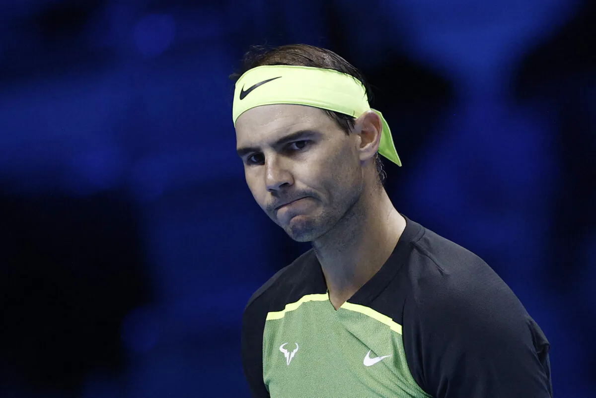 Spain's Rafael Nadal reacts during his group stage match against Canada's Felix Auger Aliassime during the ATP Finals in Pala Alpitour, Turin, Italy, on Nov. 15, 2022. (Guglielmo Mangiapane/Reuters)