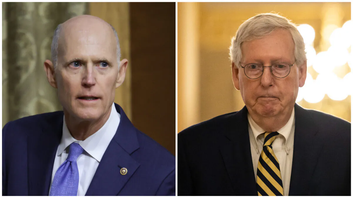 (Left) Sen. Rick Scott (R-Fla.) in Washington on March 30, 2022. (Kevin Dietsch/Getty Images); (Right) Senate Minority Leader Mitch McConnell (R-Ky.) in Washington on Sept. 6, 2022. (Anna Moneymaker/Getty Images)